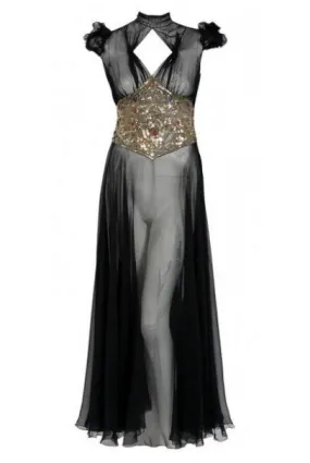 1930's Couture Black Sequin Silk-Chiffon Puff Sleeve Backless Bias-Cut Deco Gown