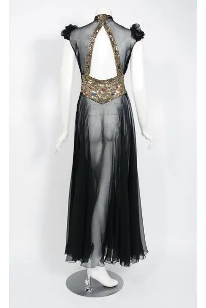 1930's Couture Black Sequin Silk-Chiffon Puff Sleeve Backless Bias-Cut Deco Gown