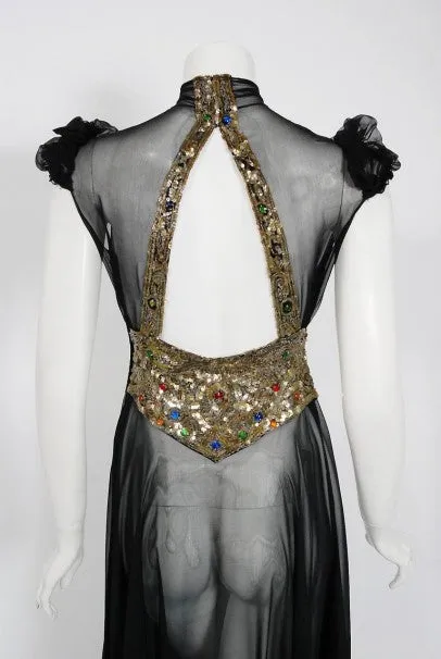 1930's Couture Black Sequin Silk-Chiffon Puff Sleeve Backless Bias-Cut Deco Gown