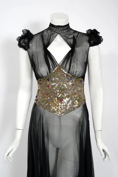 1930's Couture Black Sequin Silk-Chiffon Puff Sleeve Backless Bias-Cut Deco Gown