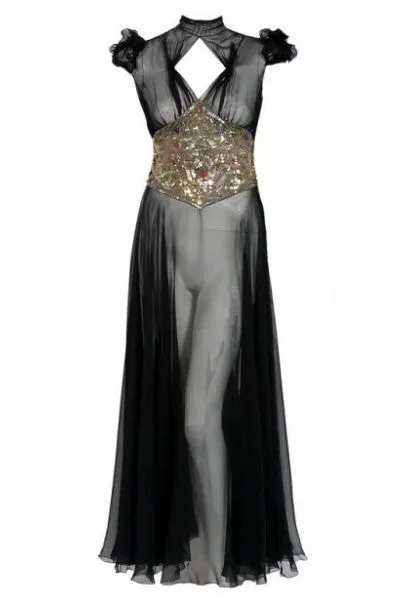 1930's Couture Black Sequin Silk-Chiffon Puff Sleeve Backless Bias-Cut Deco Gown