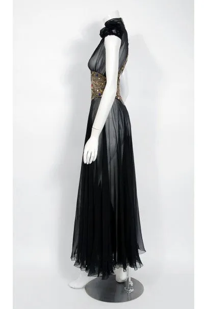 1930's Couture Black Sequin Silk-Chiffon Puff Sleeve Backless Bias-Cut Deco Gown