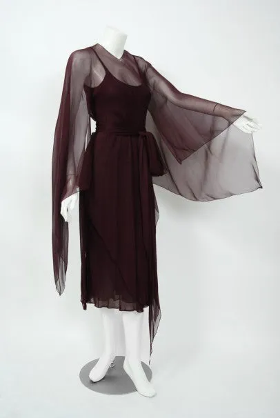 1970's Halston Couture Dark Purple Chiffon Wing Sleeve Bias-Cut Belted Dress