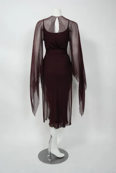 1970's Halston Couture Dark Purple Chiffon Wing Sleeve Bias-Cut Belted Dress