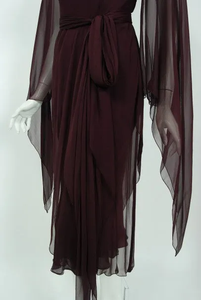 1970's Halston Couture Dark Purple Chiffon Wing Sleeve Bias-Cut Belted Dress