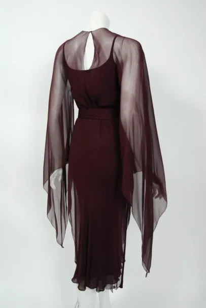 1970's Halston Couture Dark Purple Chiffon Wing Sleeve Bias-Cut Belted Dress