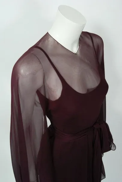 1970's Halston Couture Dark Purple Chiffon Wing Sleeve Bias-Cut Belted Dress