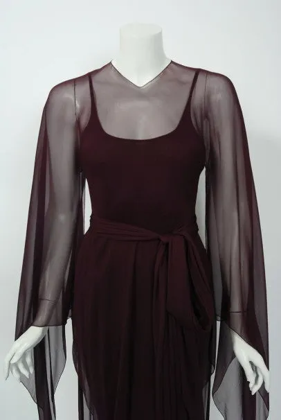 1970's Halston Couture Dark Purple Chiffon Wing Sleeve Bias-Cut Belted Dress