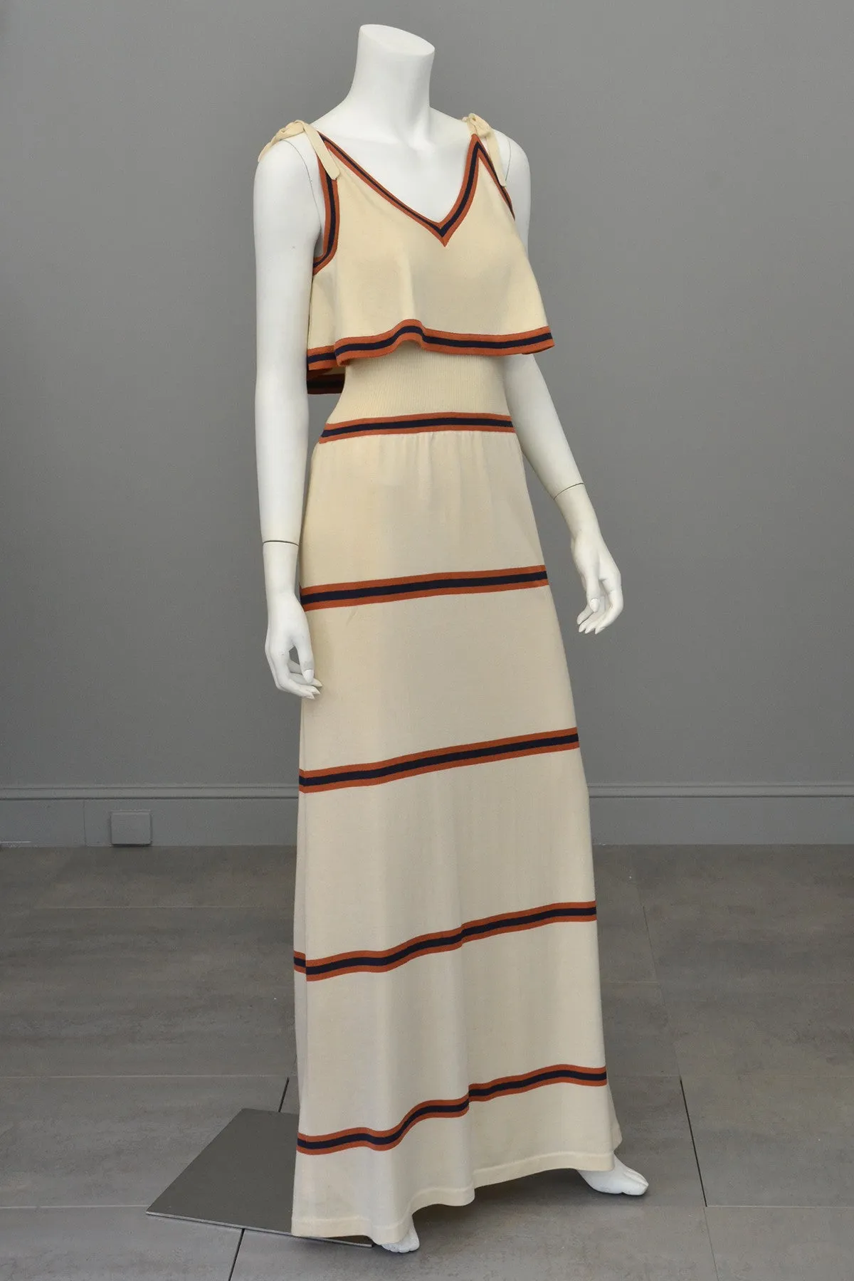 1970s Knit Maxi Dress with Flounce Top, Navy and Nutmeg Stripes, Italian knit by Crissa