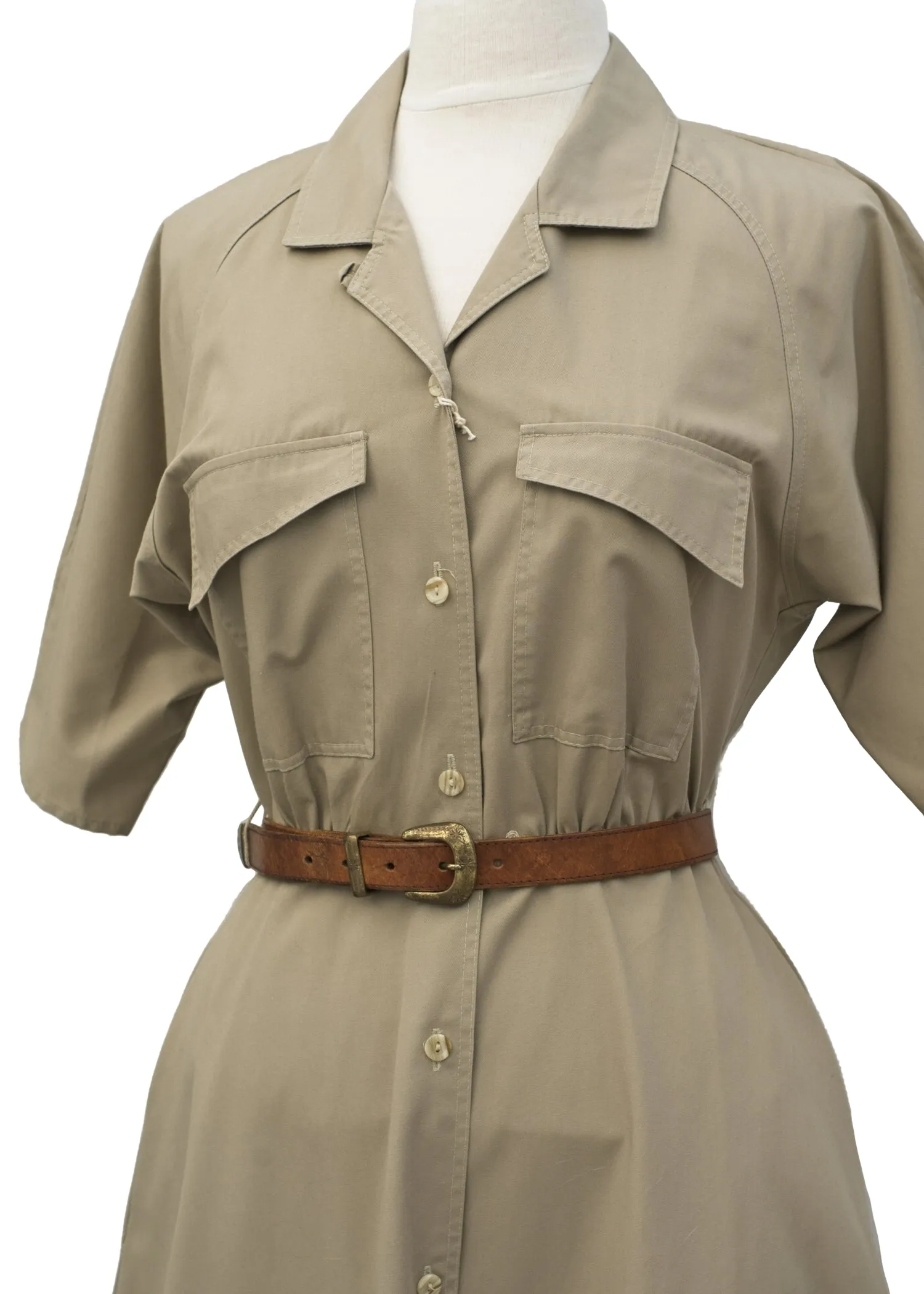 1970s Vintage St Michael Utility Safari Khaki Dress