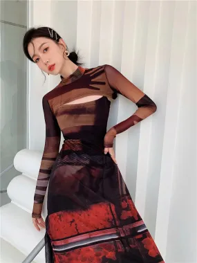 2 Piece Punk Mesh Turtleneck Long Sleeve Long Dress