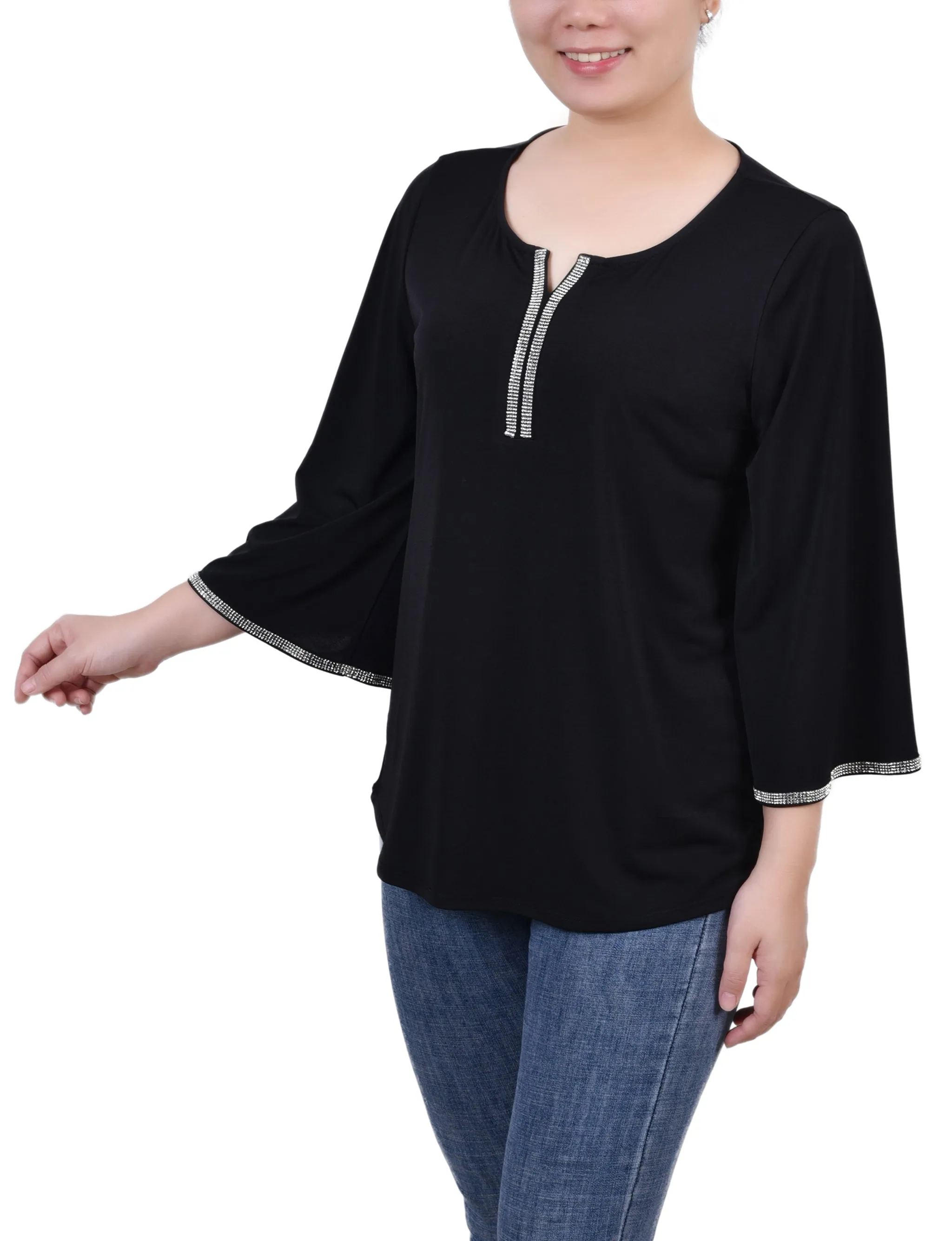 3/4 Bell Sleeve Top With Stones