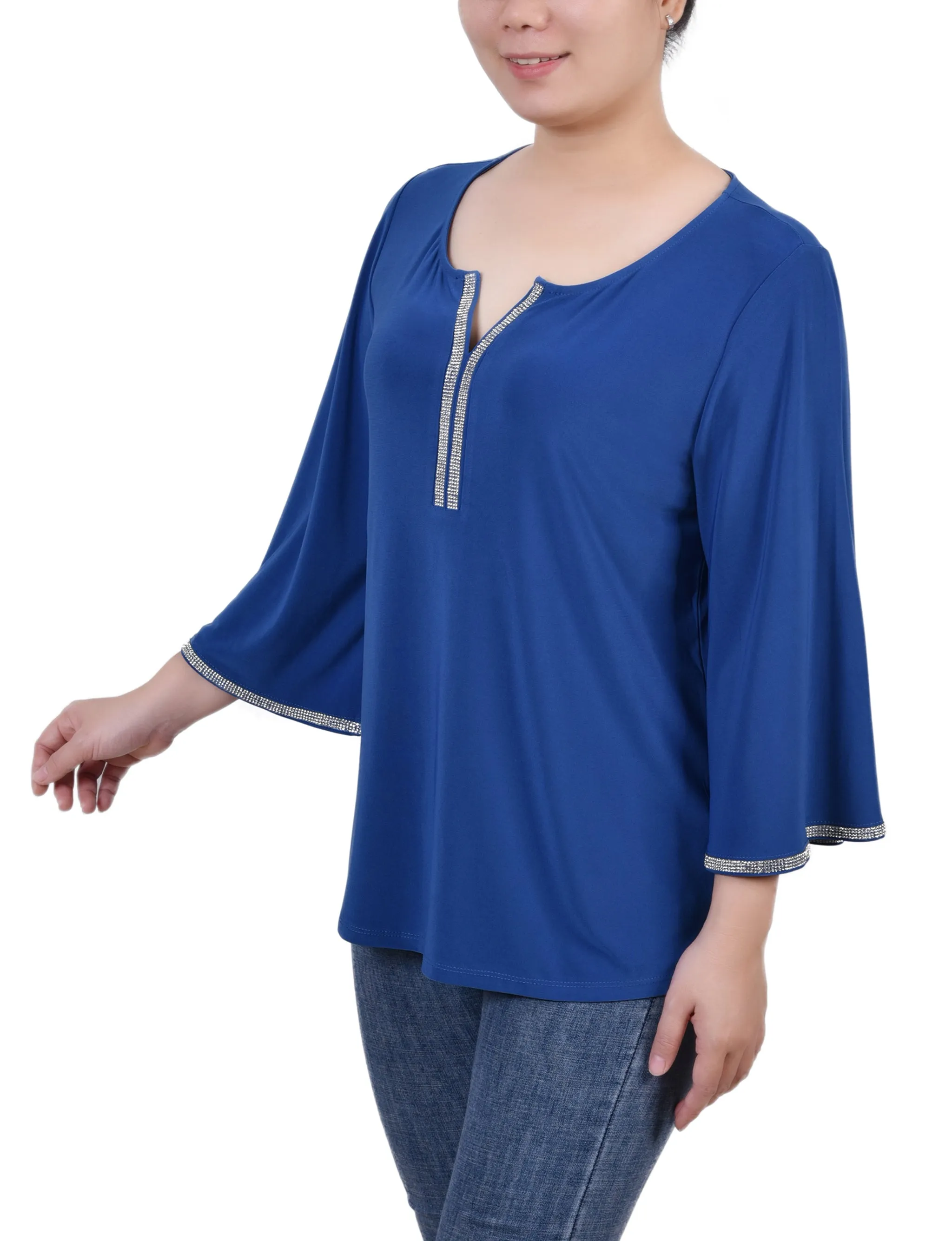 3/4 Bell Sleeve Top With Stones