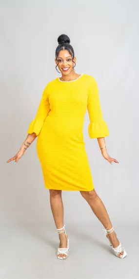 Allen Kay M785810 - Lemon - Pearl Collar Knit Dress