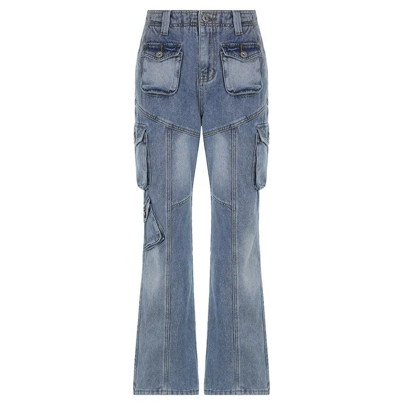 American washed multi-pocket jeans pants