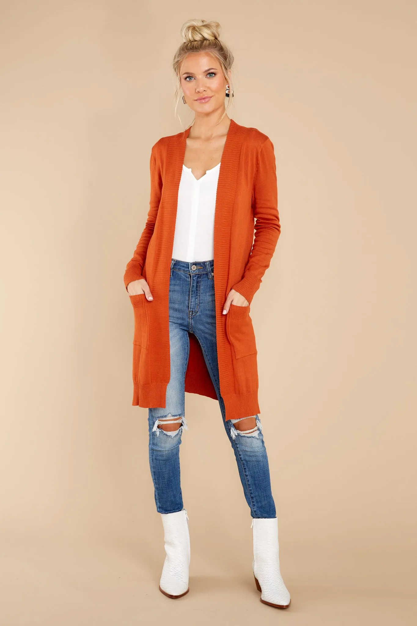 Anticipating This Moment Rust Orange Cardigan