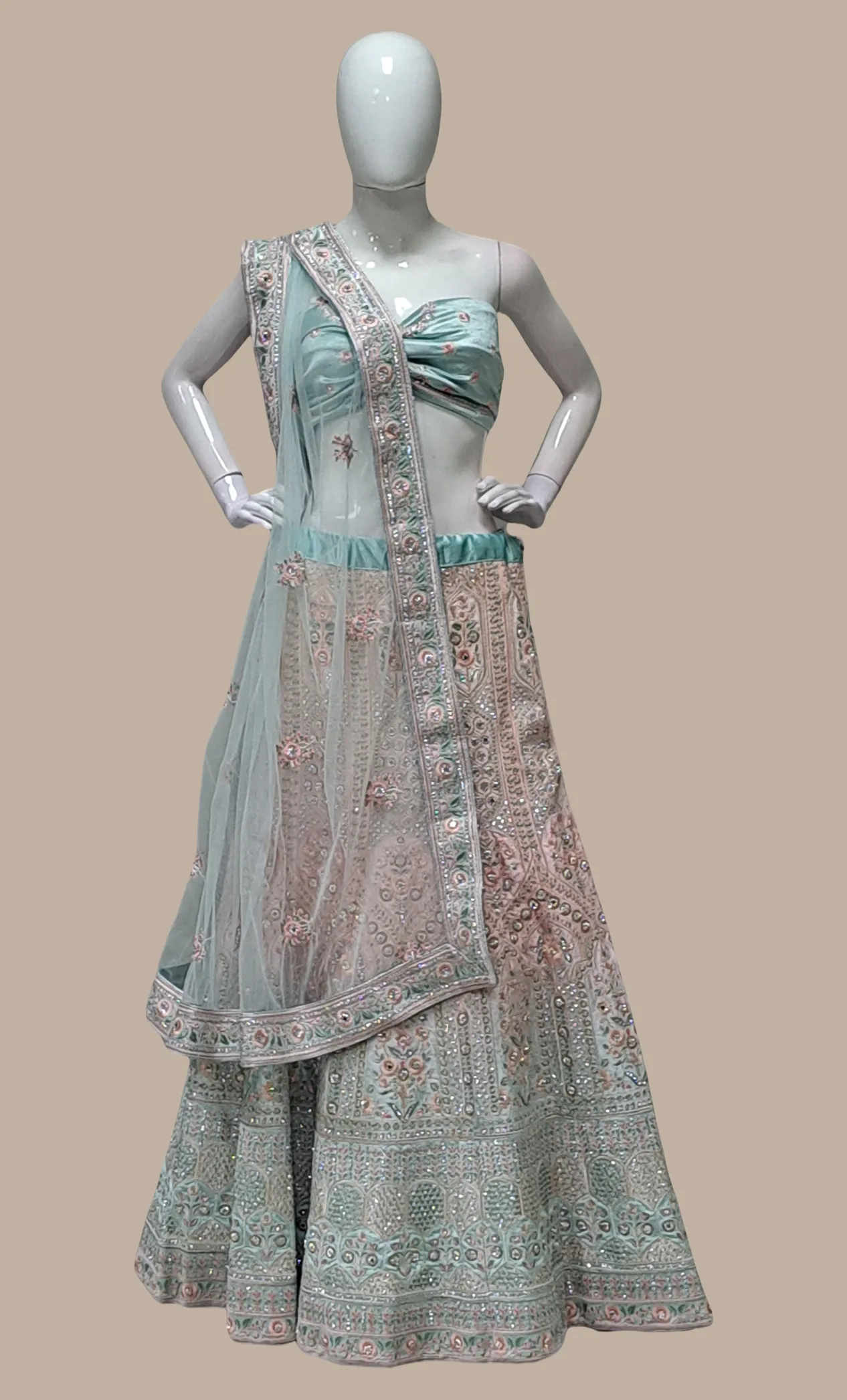 Aqua Green Velvet Embroidered Lengha