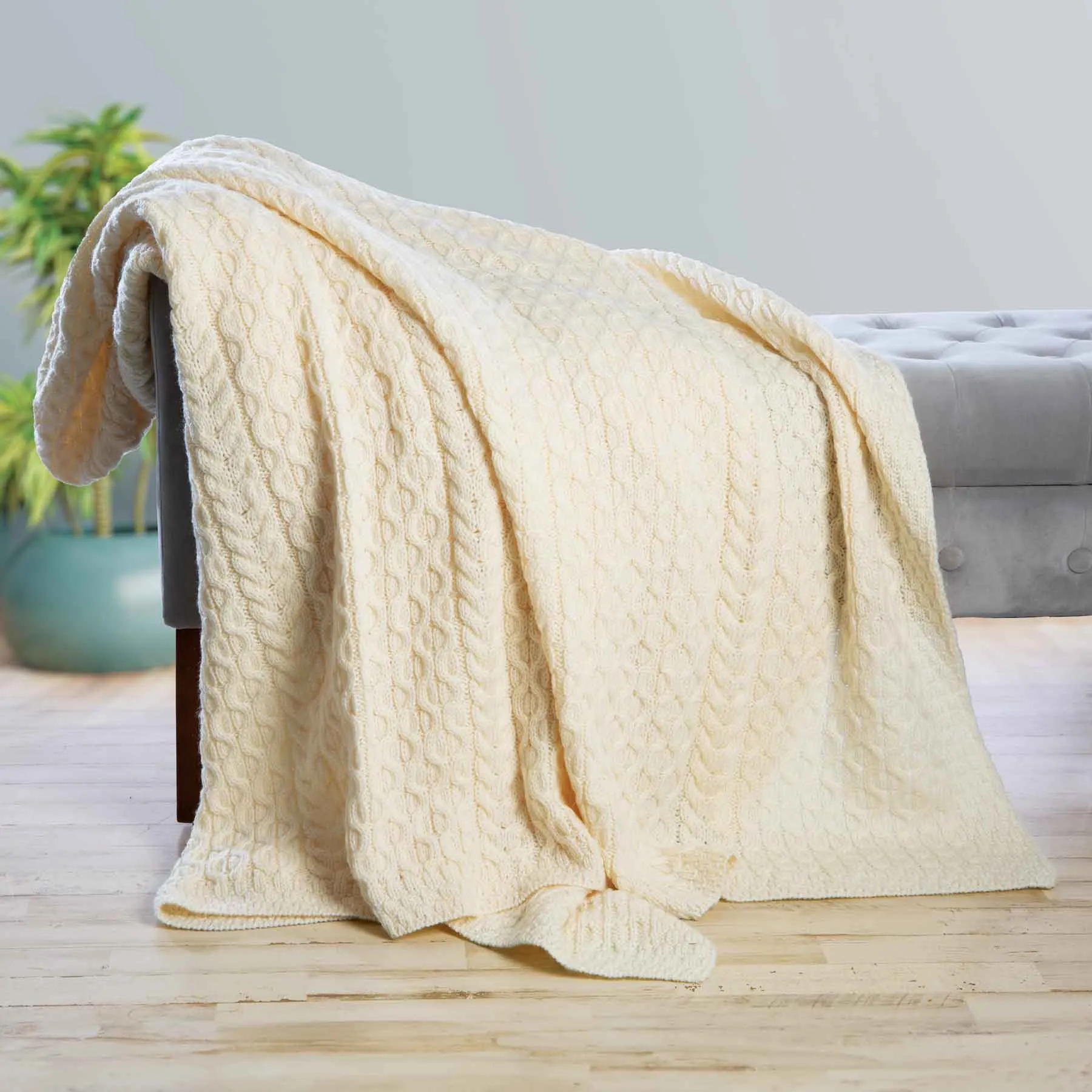 Aran Knit Honeycomb King Blanket- Cream