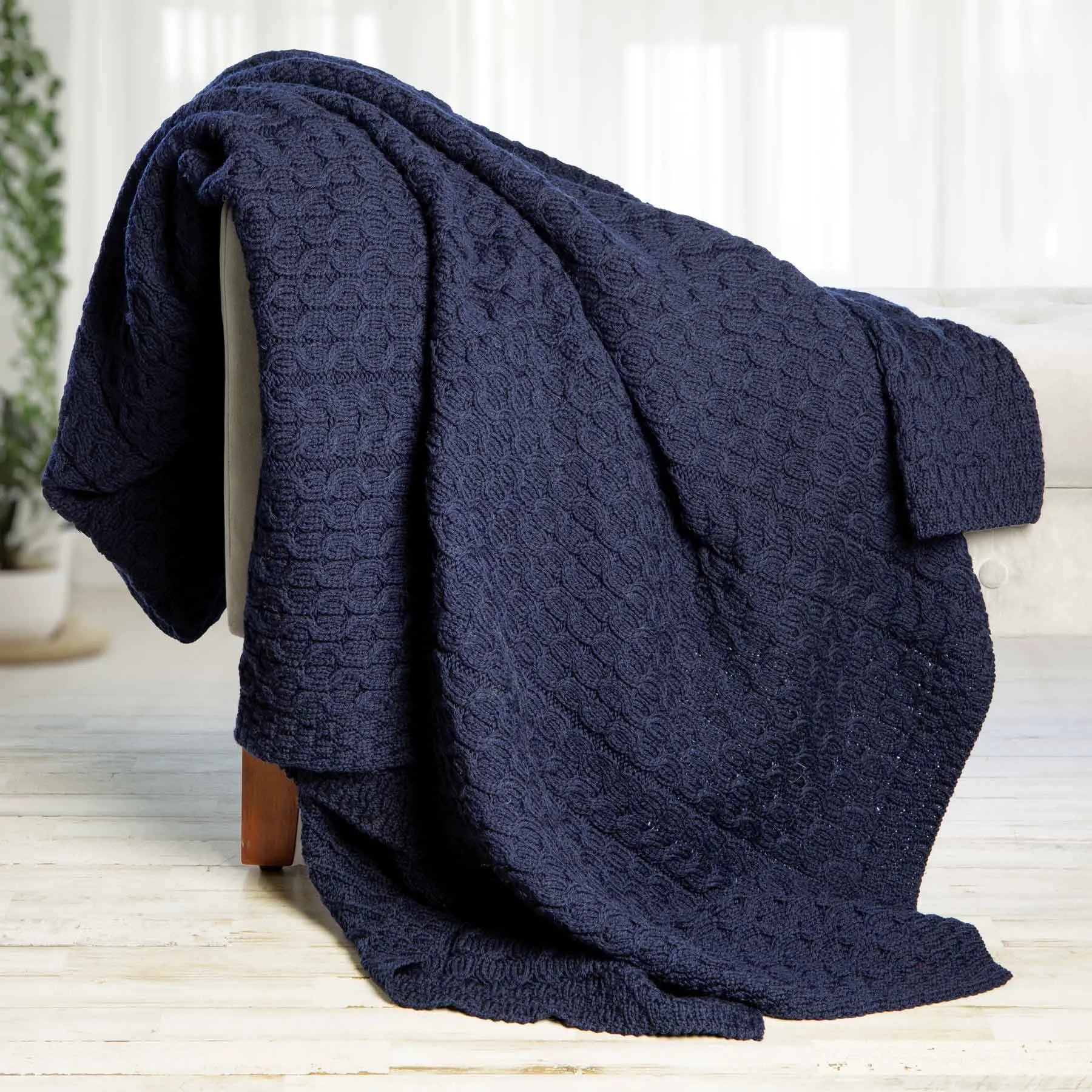 Aran Knit Honeycomb King Blanket- Navy