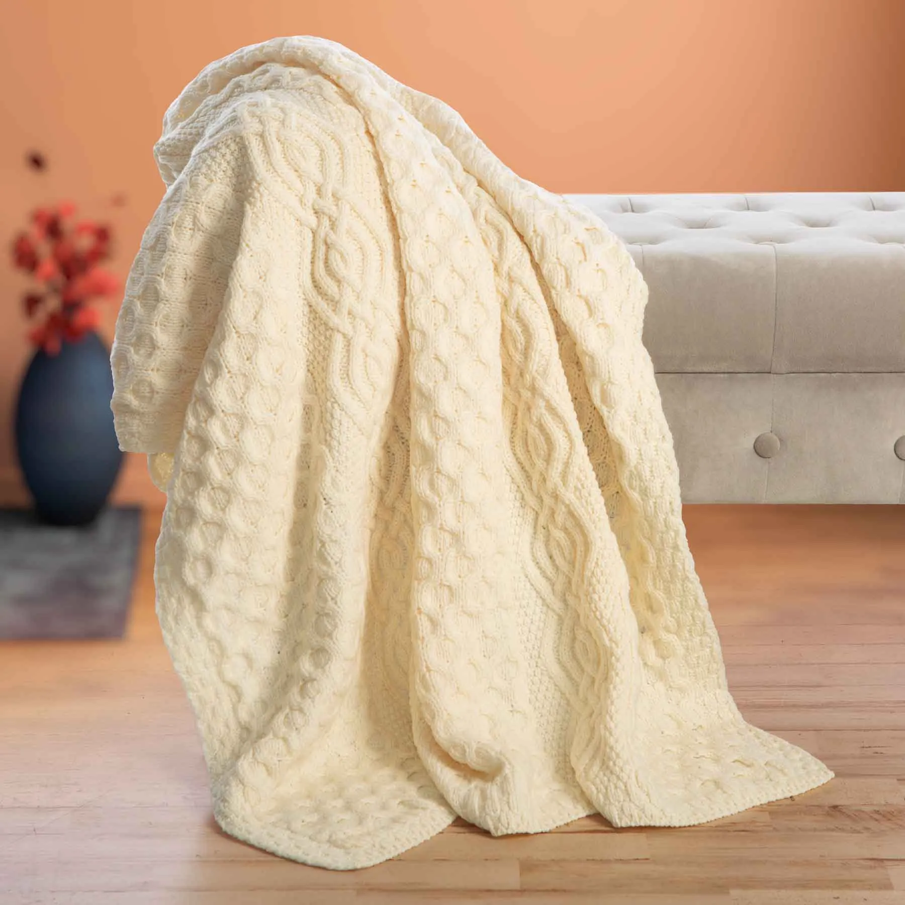 Aran Knit Honeycomb Throw Blanket- Cream