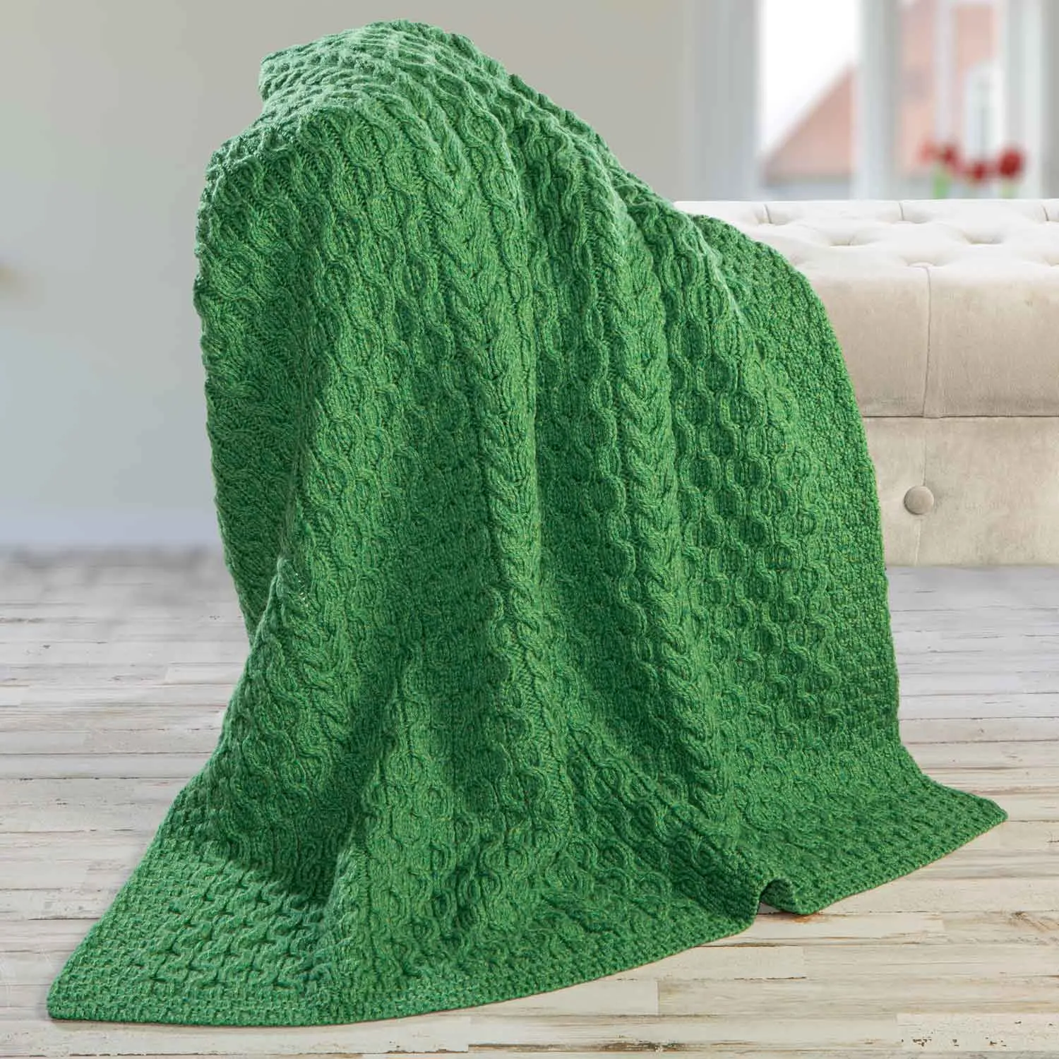 Aran Knit Honeycomb Throw Blanket- Green