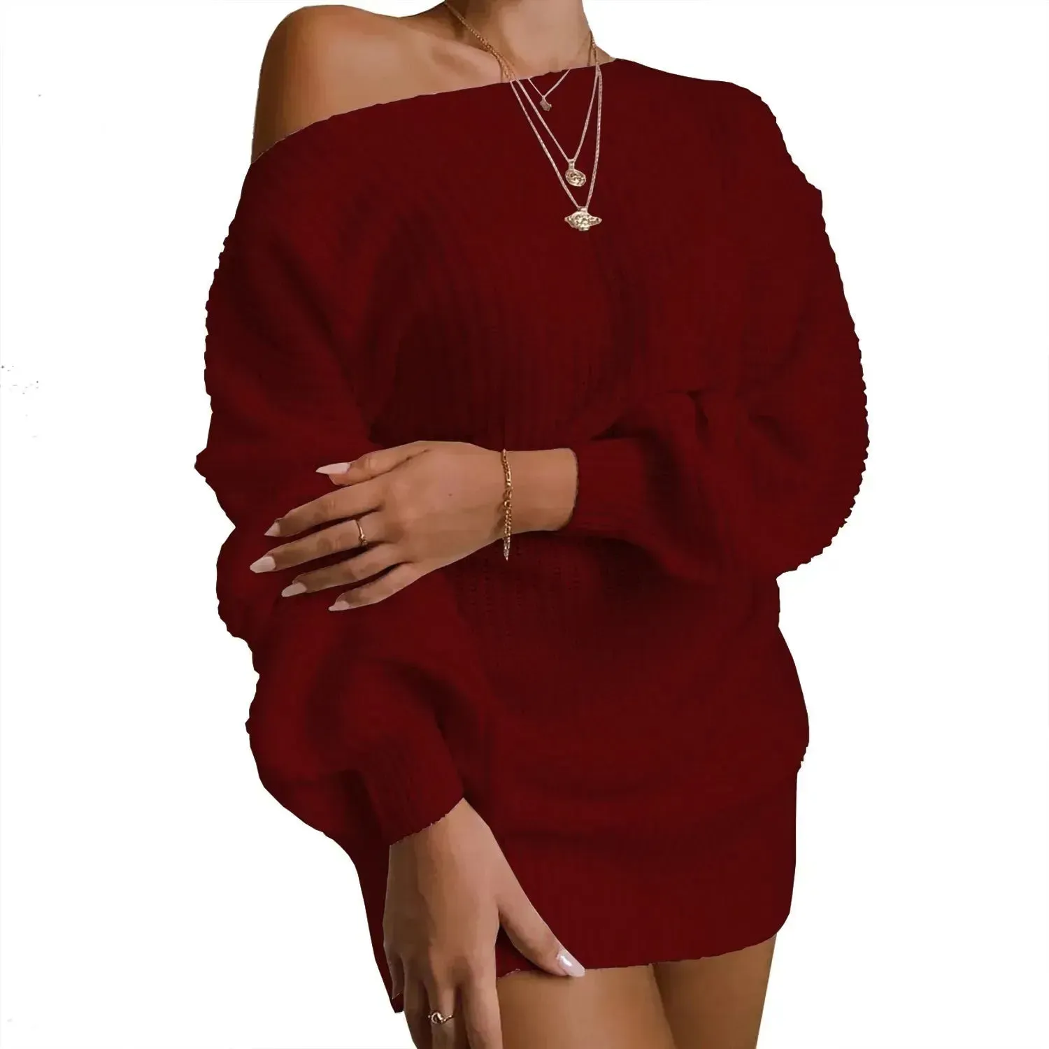 Autumn Winter Slant Shoulder Off Lantern sleeve Mini knitted wool sweater dress