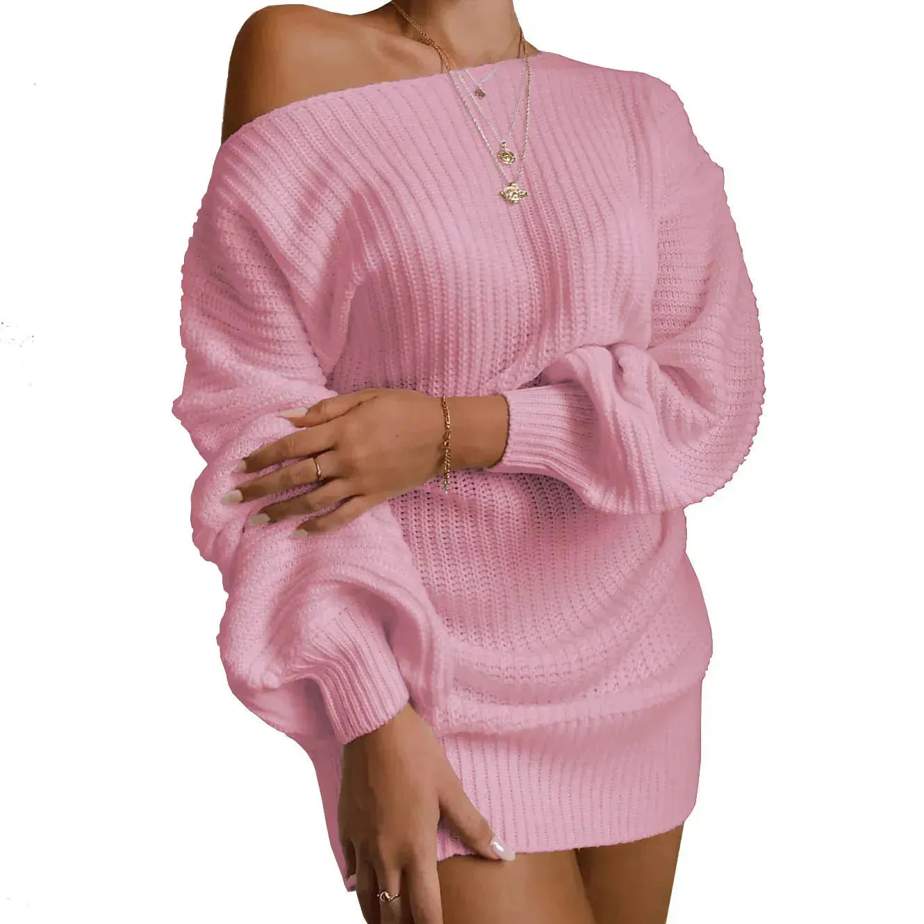 Autumn Winter Slant Shoulder Off Lantern sleeve Mini knitted wool sweater dress