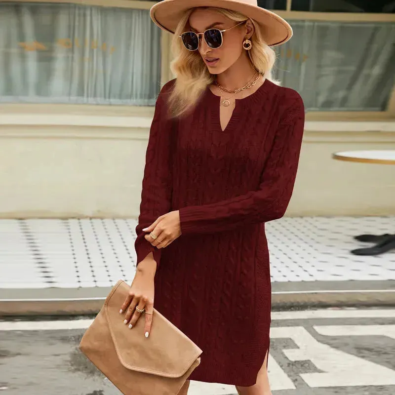 Autumn Winter Slim fit Twisted Split Mini Knitted Wool Sweater Dress