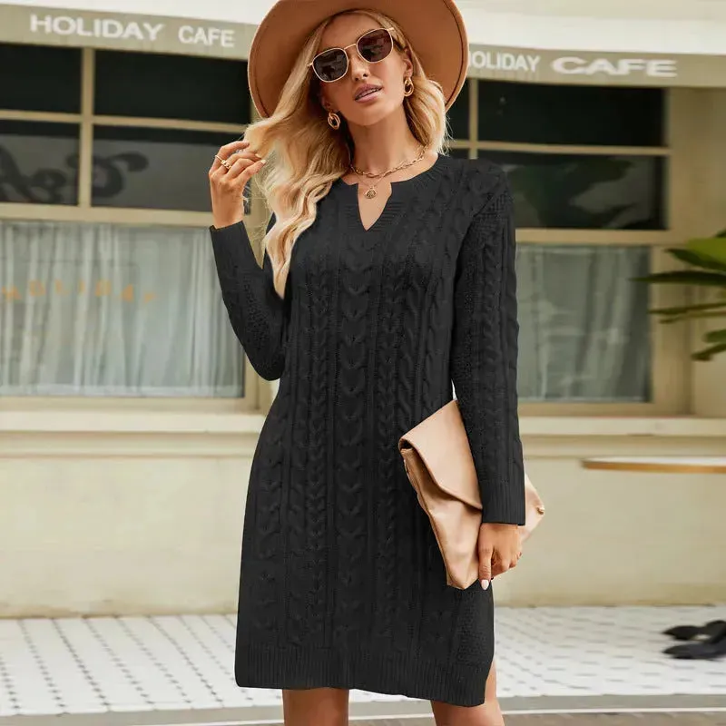 Autumn Winter Slim fit Twisted Split Mini Knitted Wool Sweater Dress