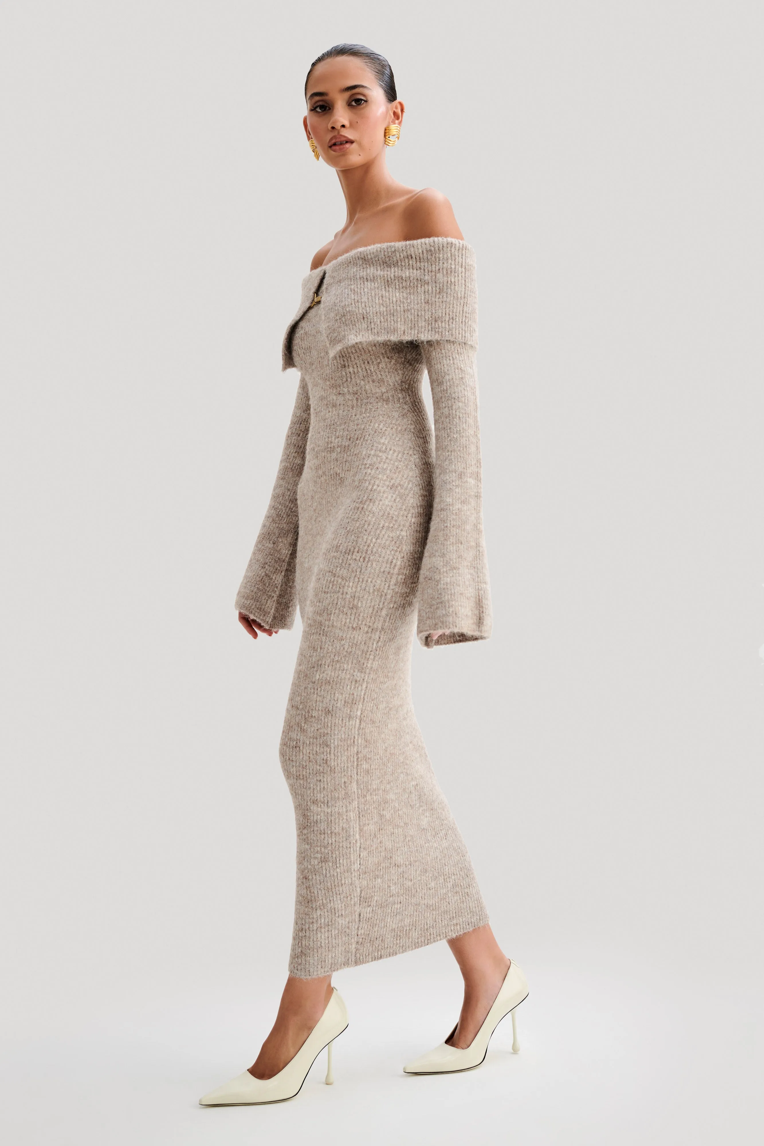 Baxter Off Shoulder Fluffy Knit Midi Dress - Taupe Marle