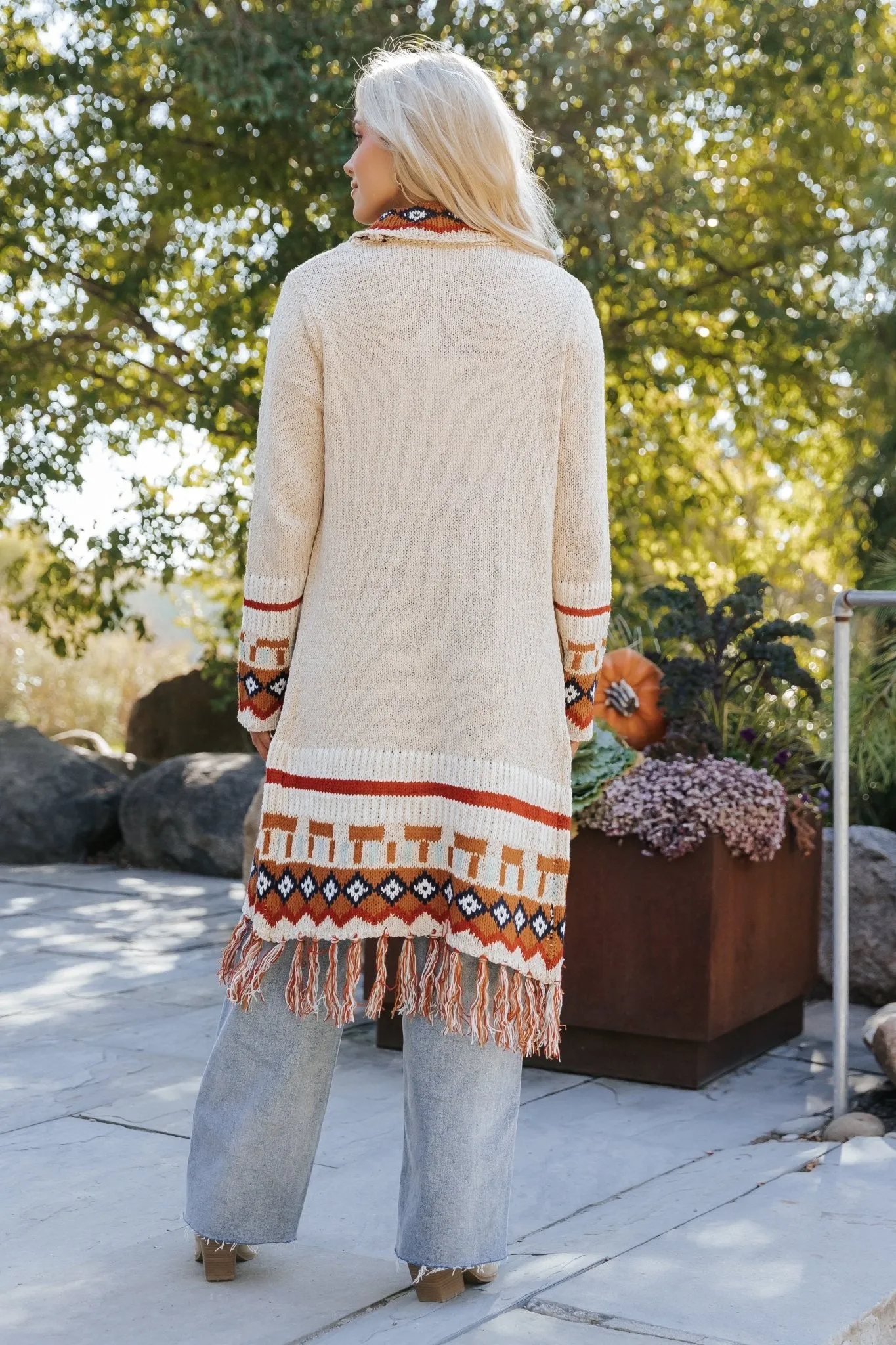 Beige Tribal Print Fringe Duster Cardigan - FINAL SALE