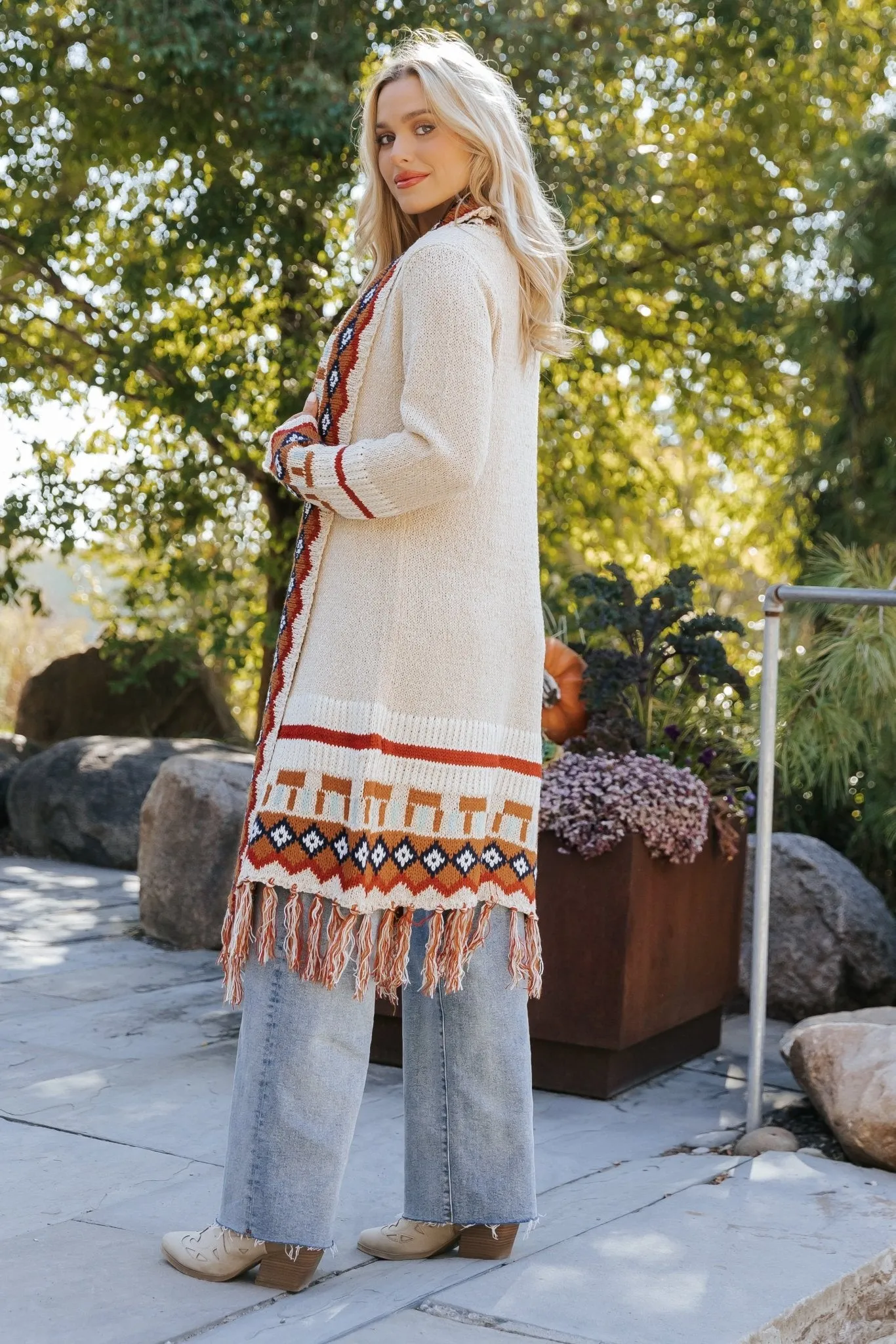 Beige Tribal Print Fringe Duster Cardigan - FINAL SALE