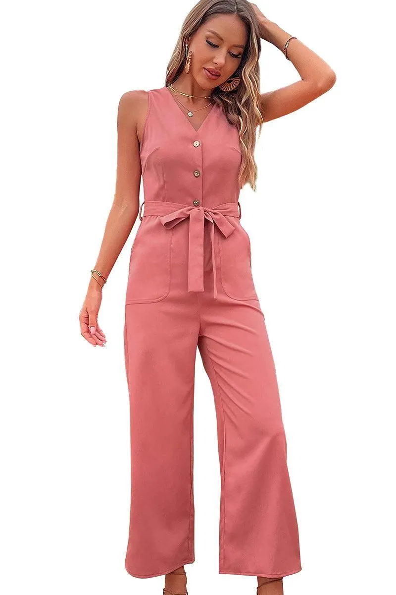 BIG POCKET TIED WAIST SLEEVELESS JUMPSUIT