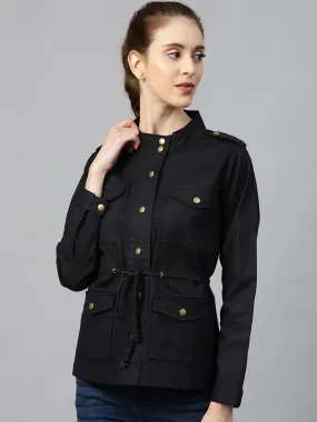 Black Twill Utility Drawstring Jacket