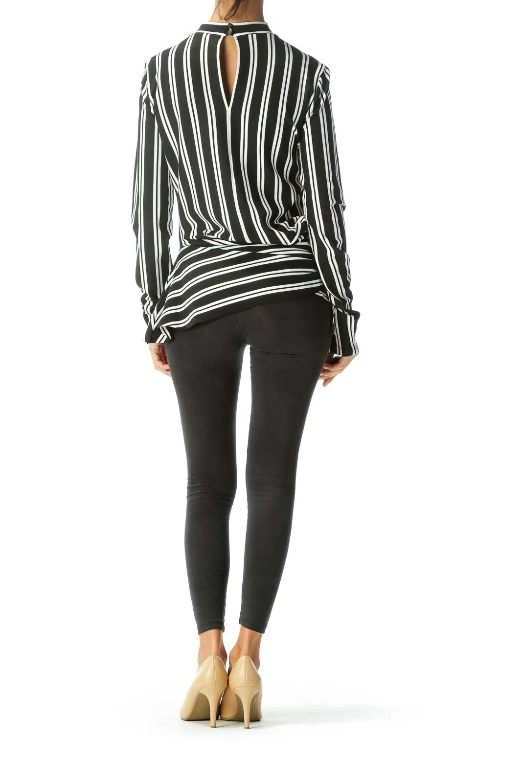 Black White Striped Asymmetric Long Sleeve Knit Top