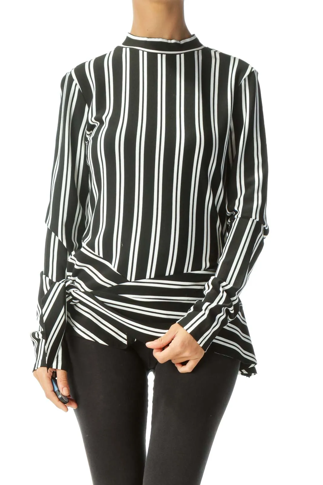 Black White Striped Asymmetric Long Sleeve Knit Top