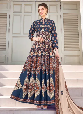 Blue And Beige Patola Print Cotton Silk Anarkali Suit