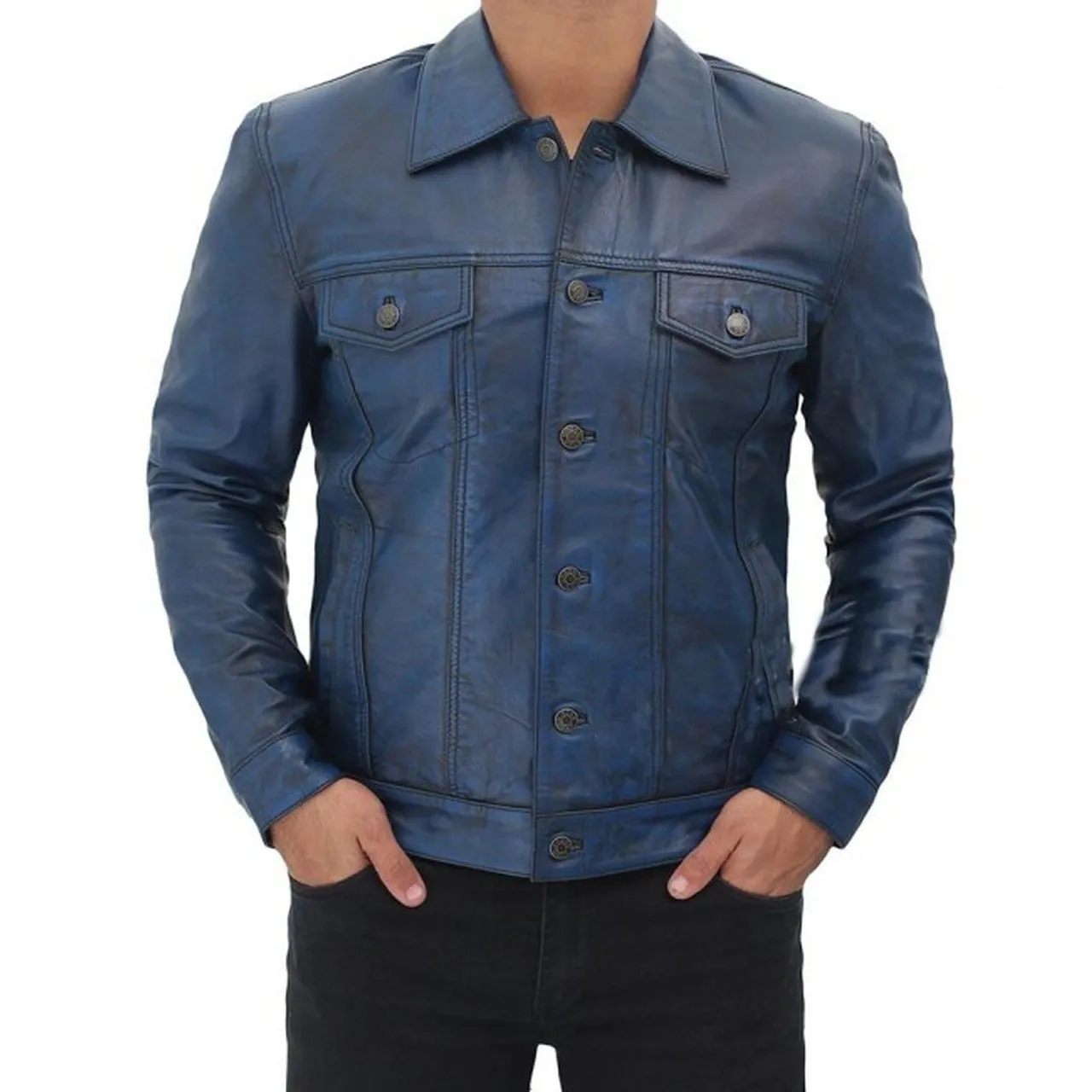 Blue Leather Jacket For Men