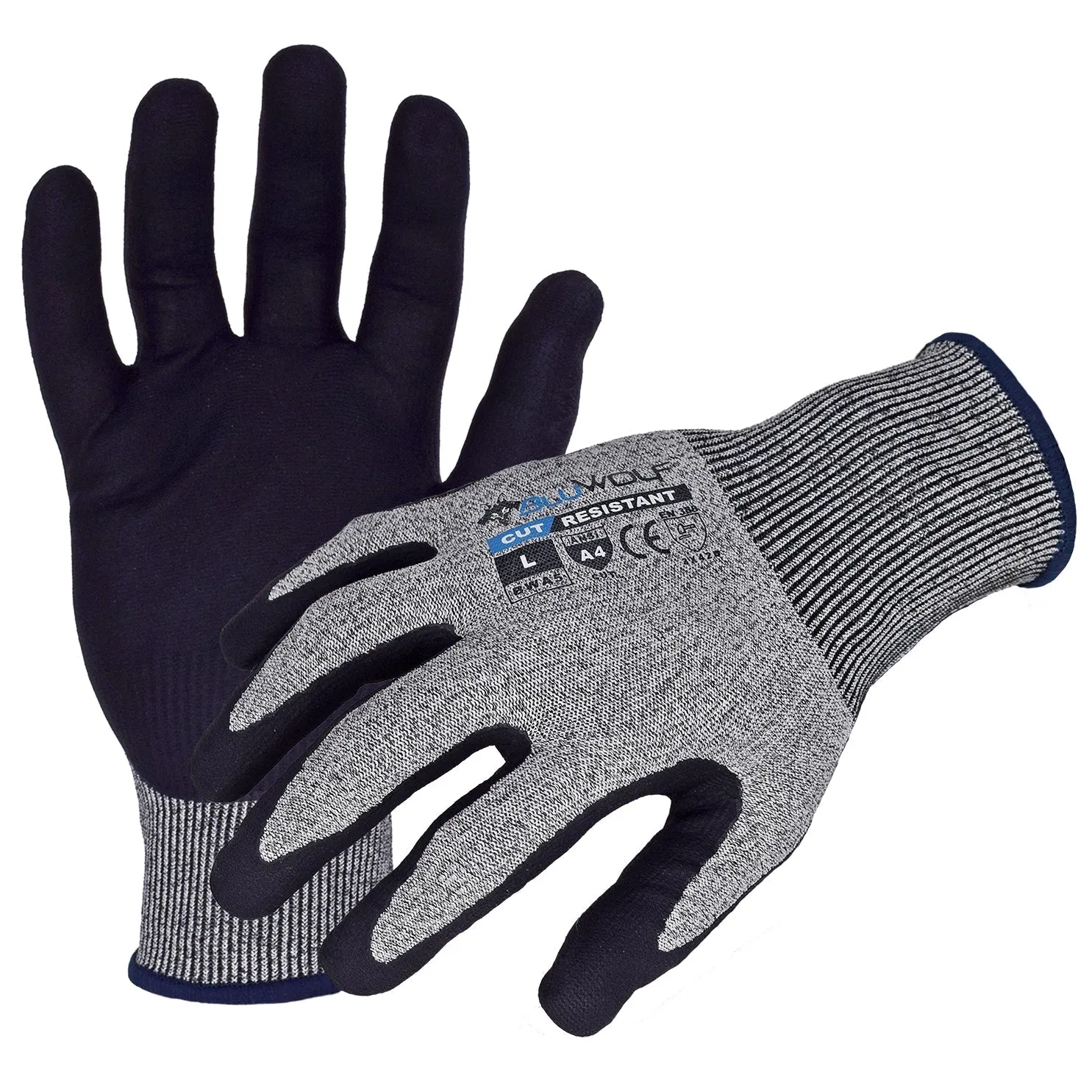 BluWolf(BW4040) Cut Resistant Work Gloves, 18-Gauge Gray Seamless ANSI A4 Cut Resistant Gloves w/ Black Ultra-Thin Micro-Foam Nitrile/Polyurethane Palm/Finger Coating, Medium, Case of 12 Pairs