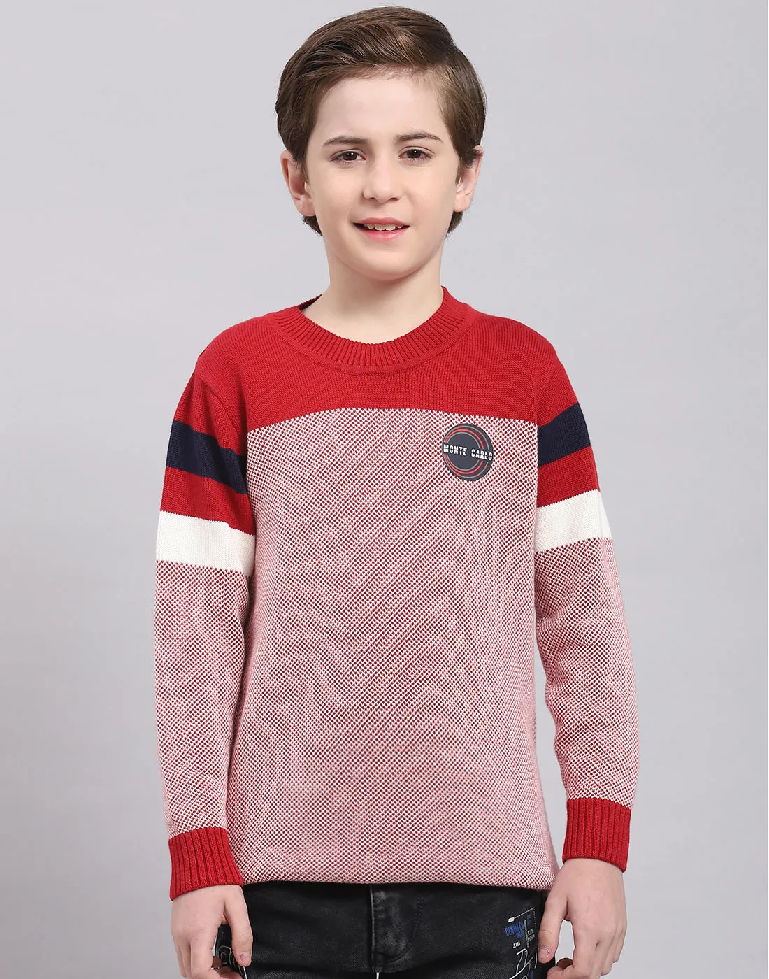 Boys Red Self Design Round Neck Full Sleeve Sweater