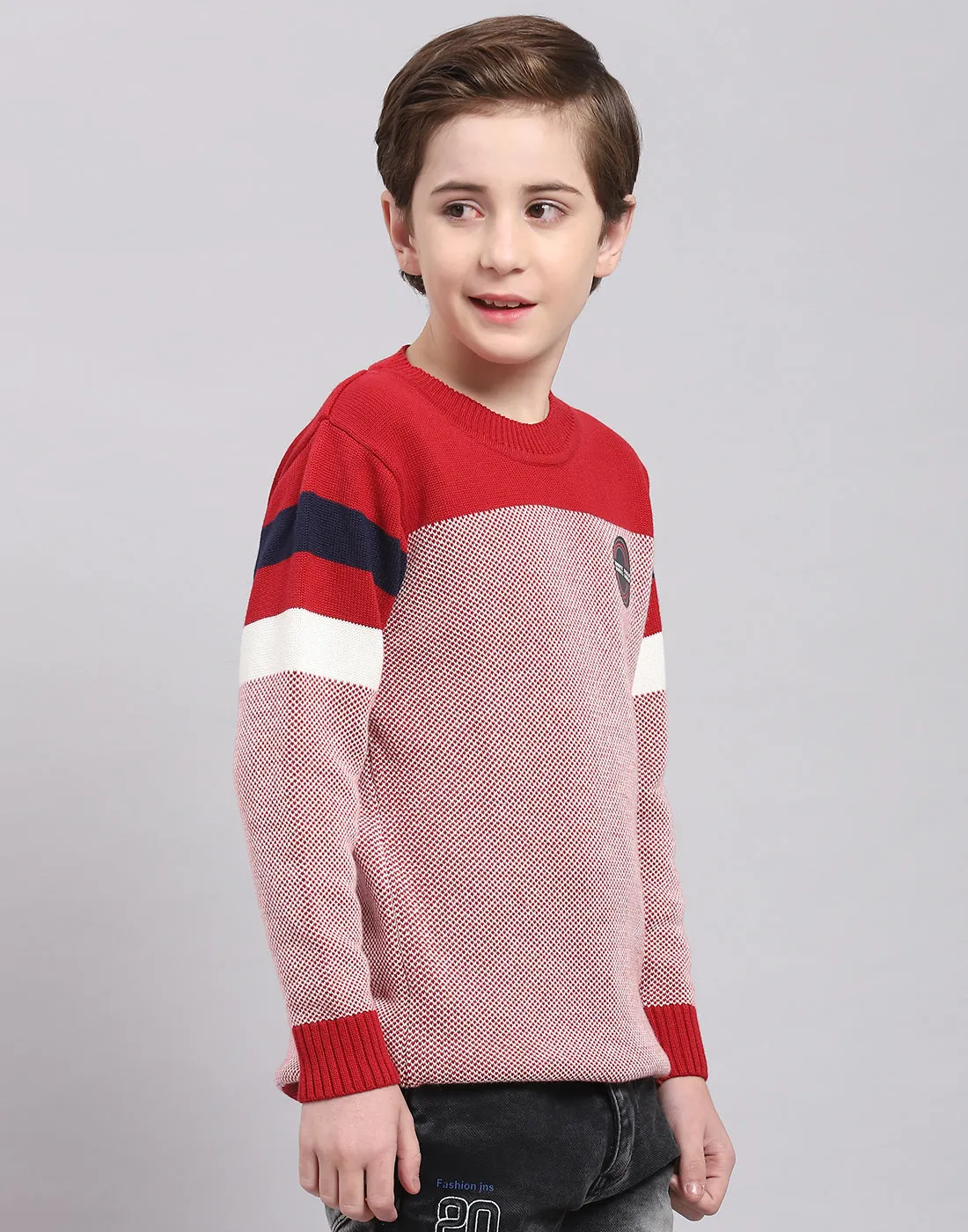 Boys Red Self Design Round Neck Full Sleeve Sweater