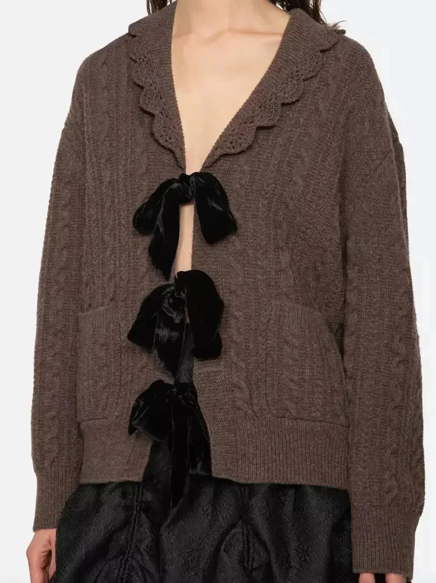 Brown Wool Cardigan with Velvet Bow Tie Closure