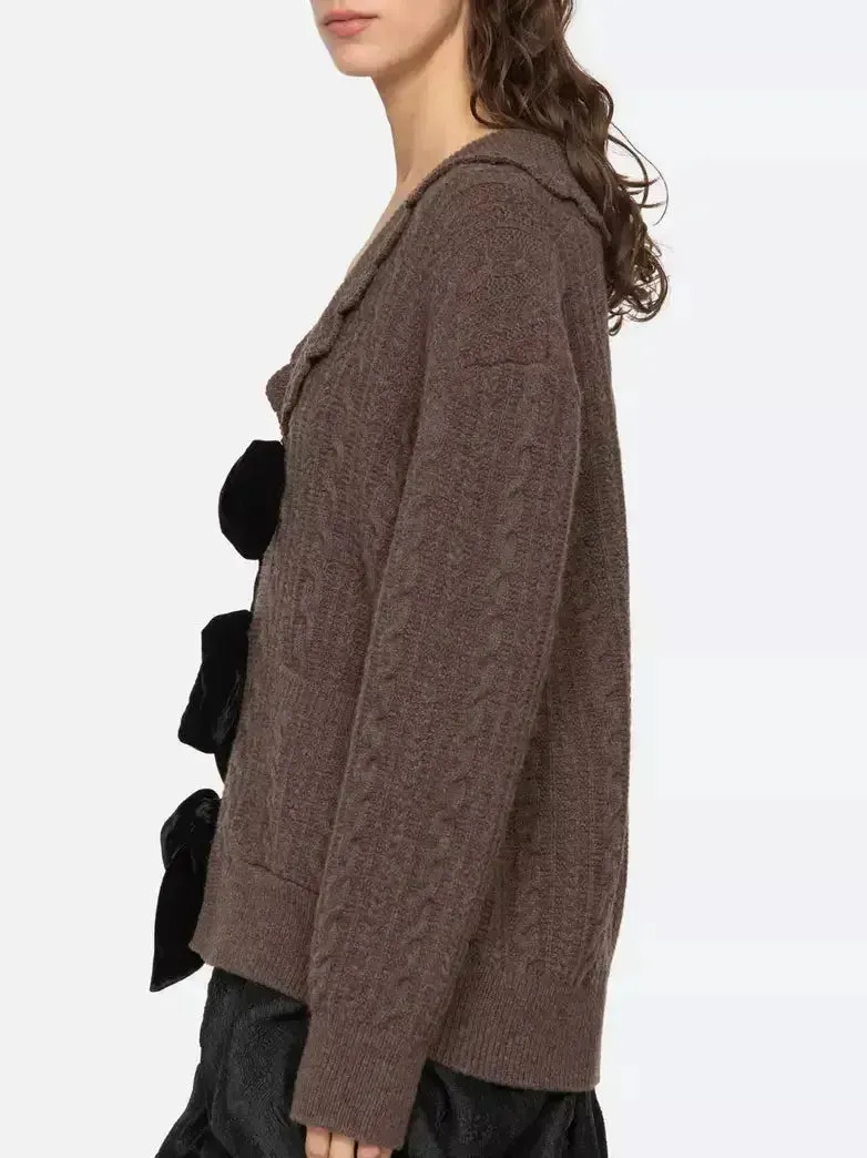 Brown Wool Cardigan with Velvet Bow Tie Closure