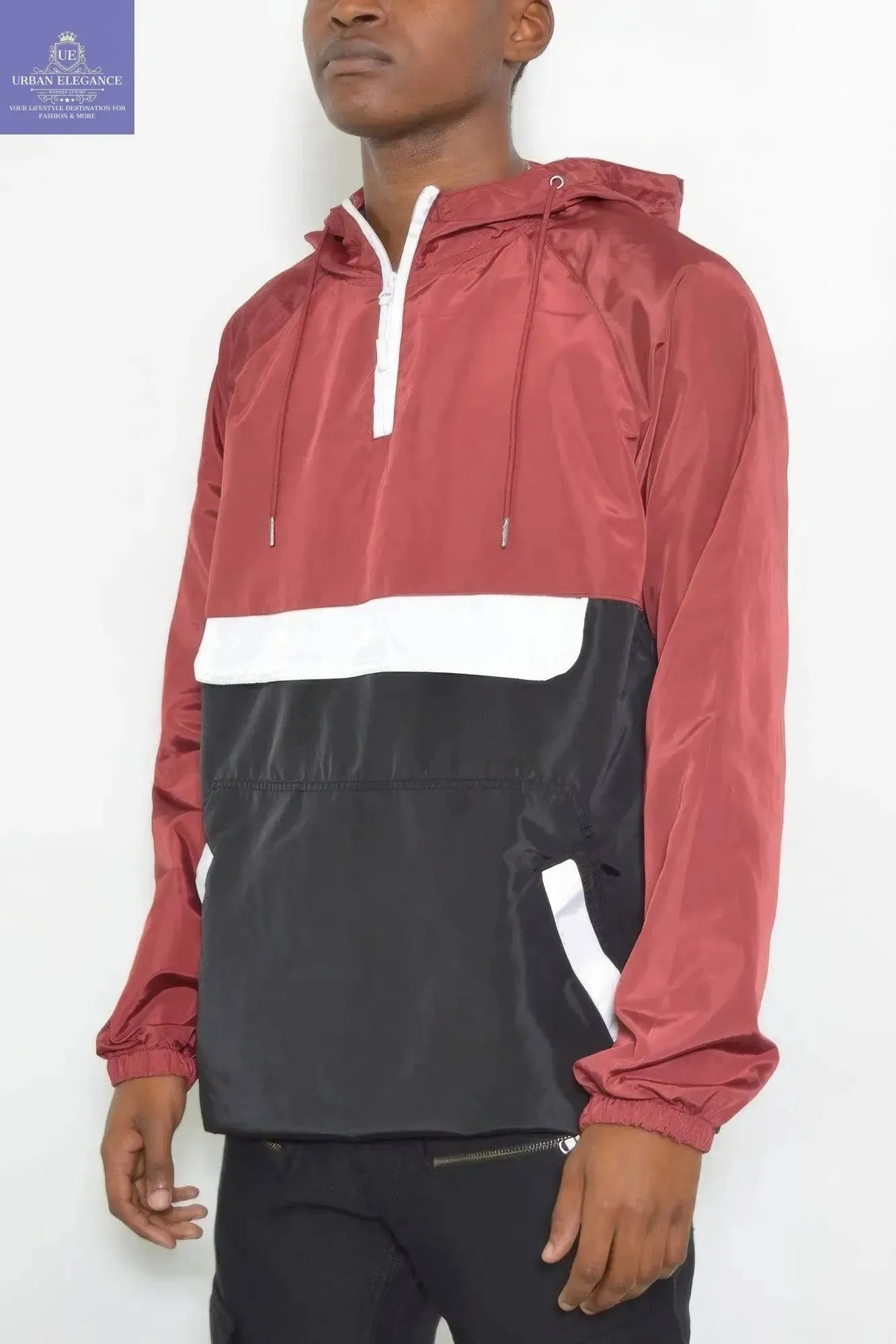 Burgundy/Black Color Block Pullover Windbreaker Jacket