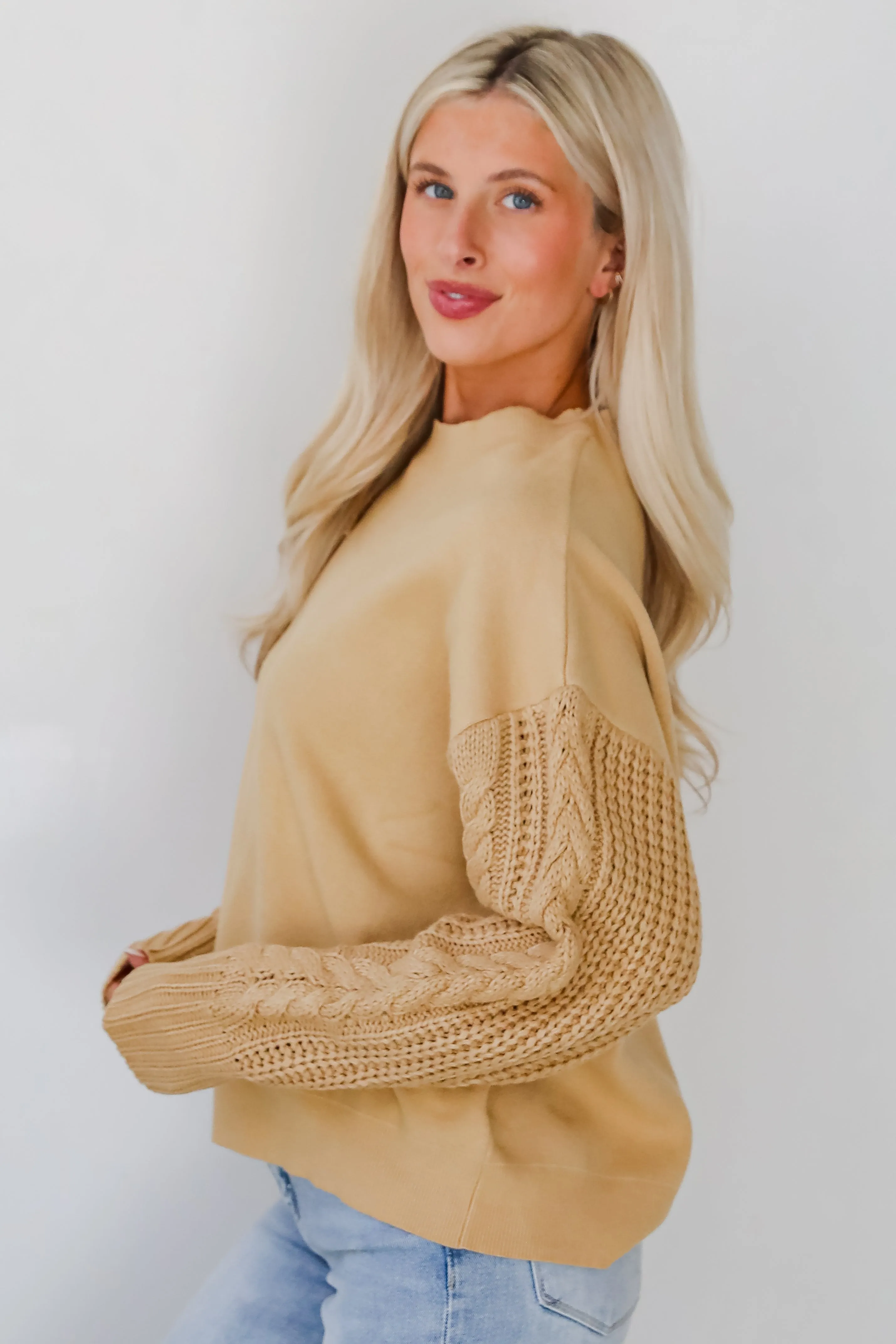 Cabin Cues Taupe Cable Knit Sleeve Sweater