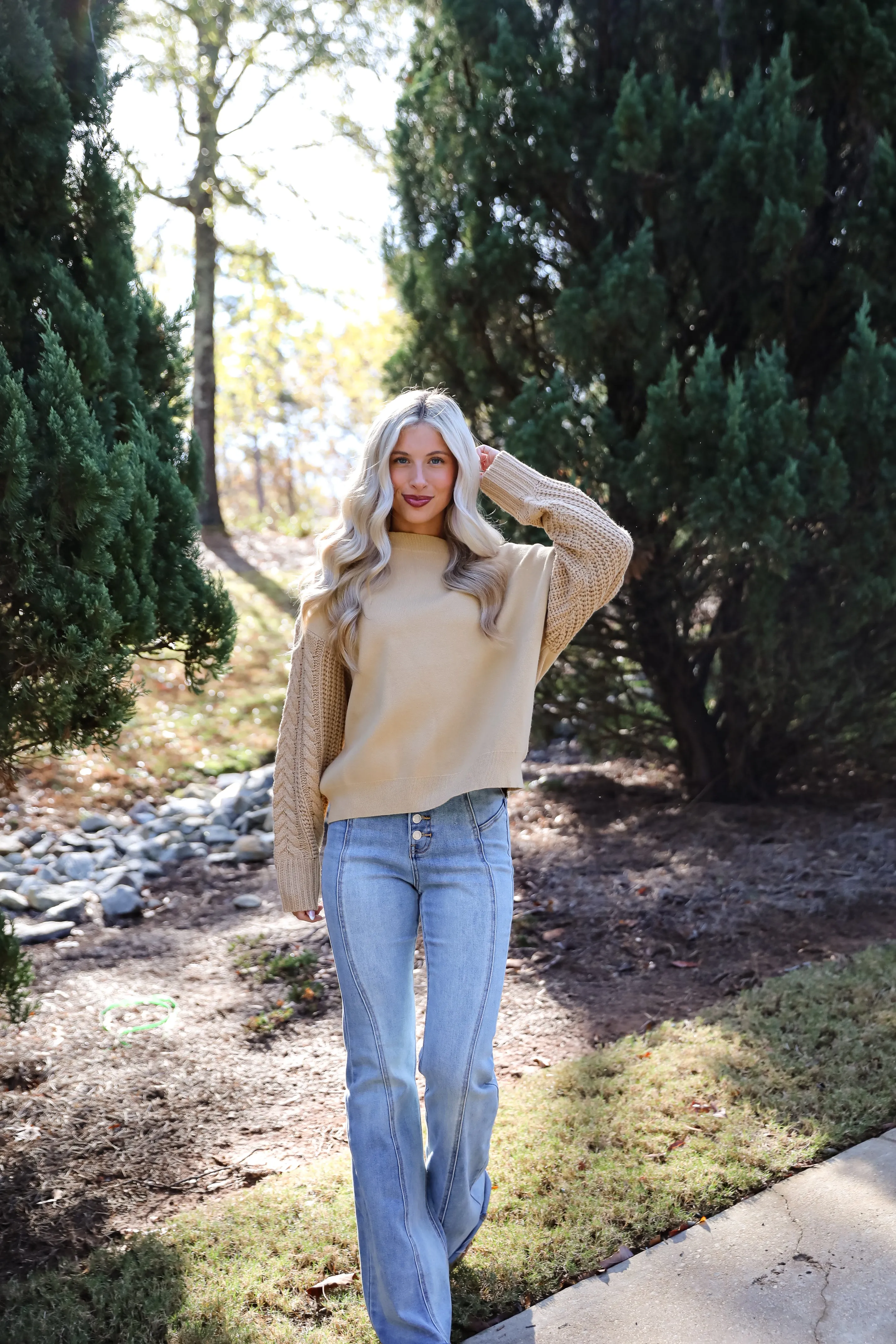 Cabin Cues Taupe Cable Knit Sleeve Sweater