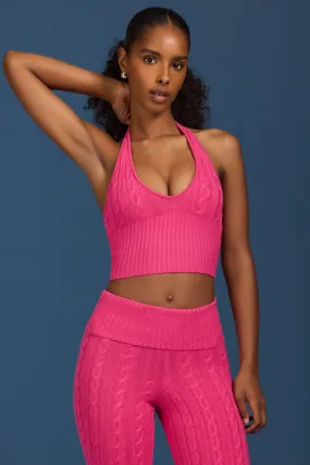 Cable-Knit Halterneck Crop Top in Hot Pink