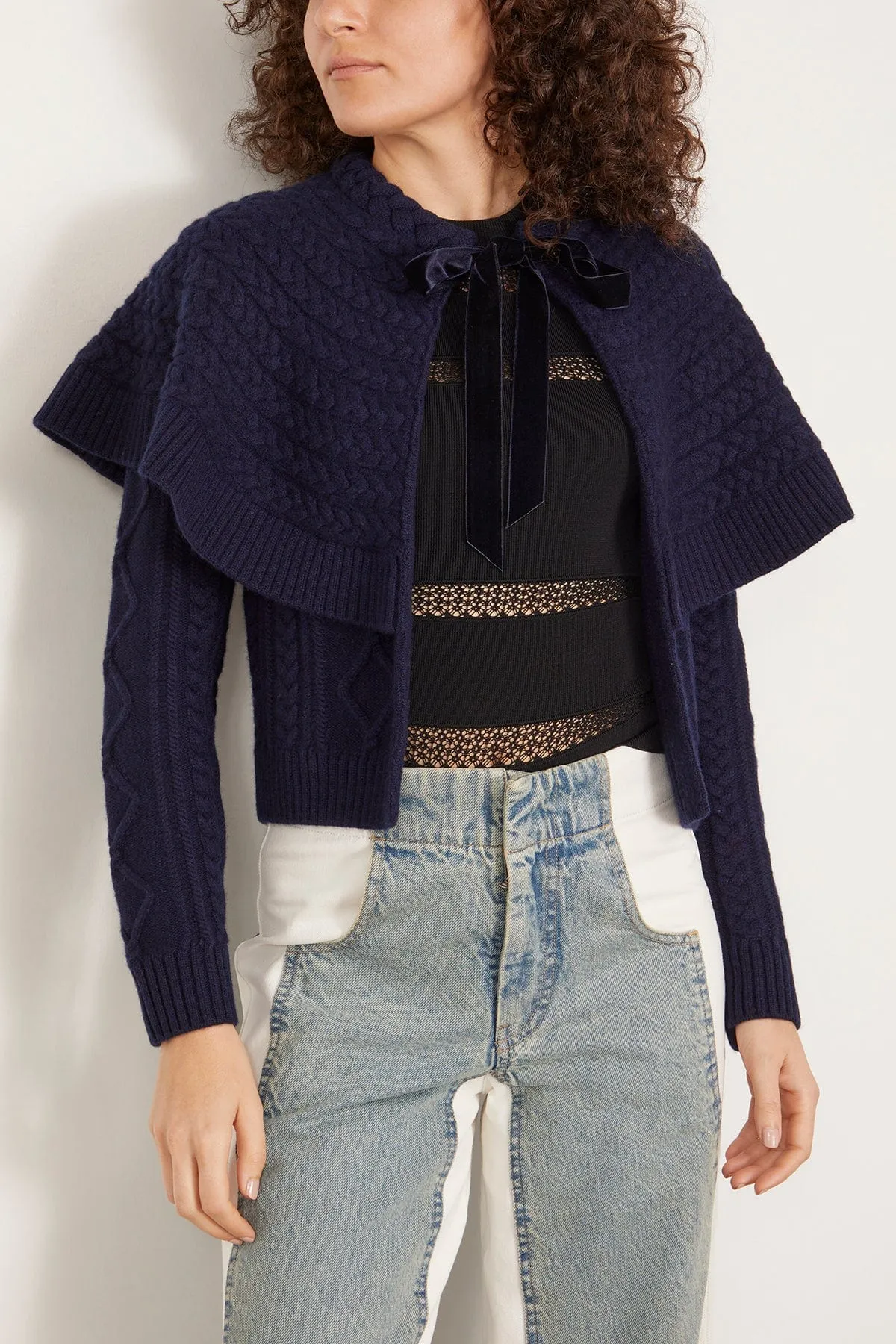 Caleb Cable Knit Long Sleeve Tie Front Cardigan in Navy