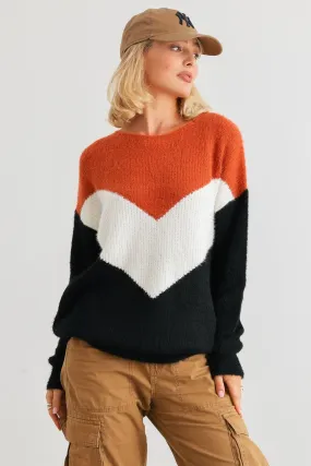 Camel Ivory Black Colorblock Fuzzy Knit Long Sleeve Sweater /2-3-2