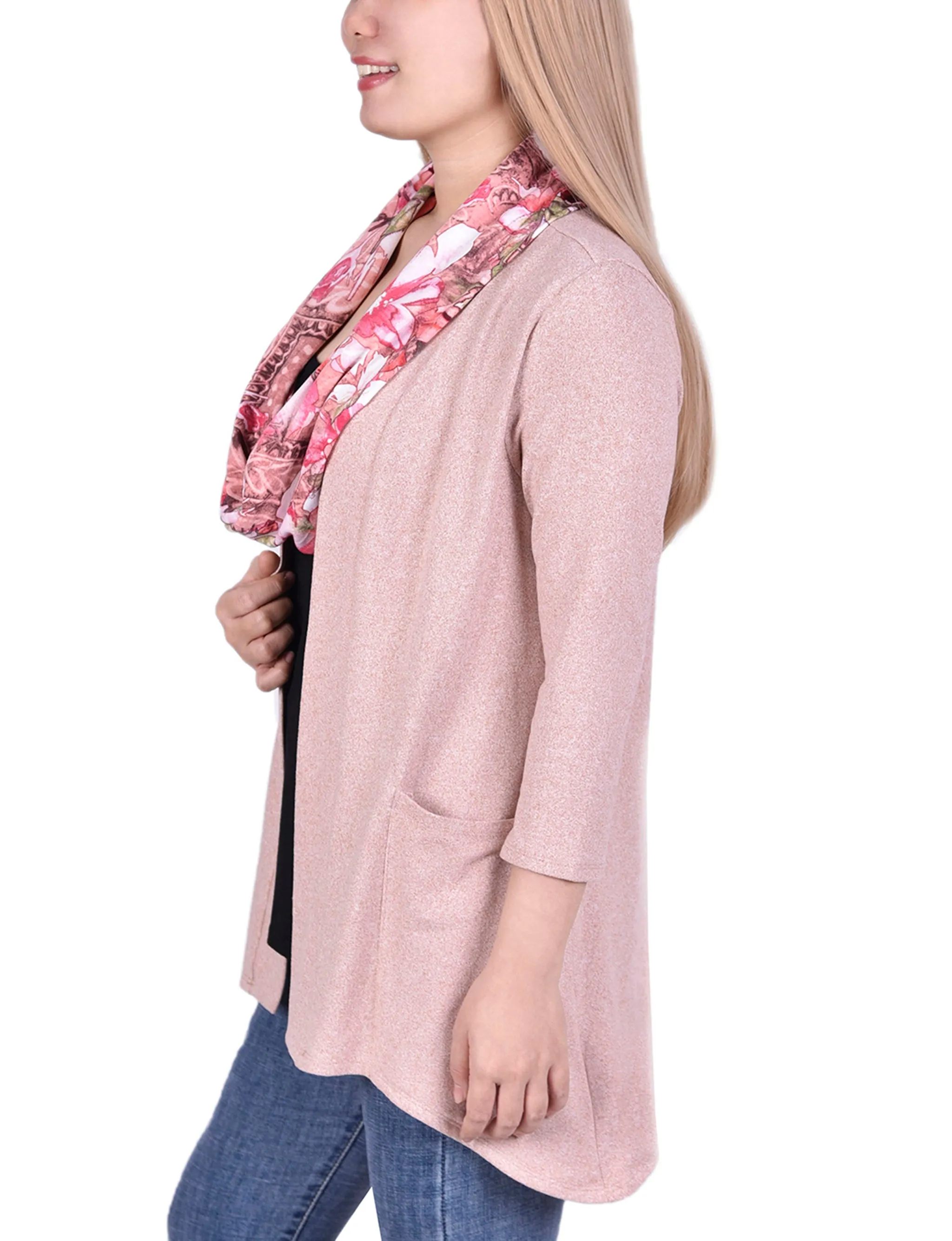 Cardigan With Inset And Detachable Printed Scarf